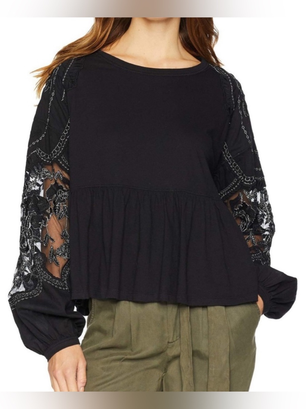 Free People Black Embroidered Lace-Sleeve Peplum Top